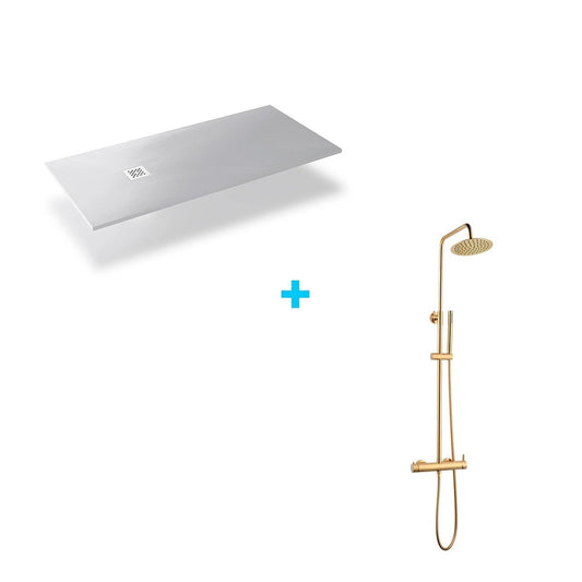 Plato de ducha de resina blanco + columna de ducha Grace dorada - Thebath