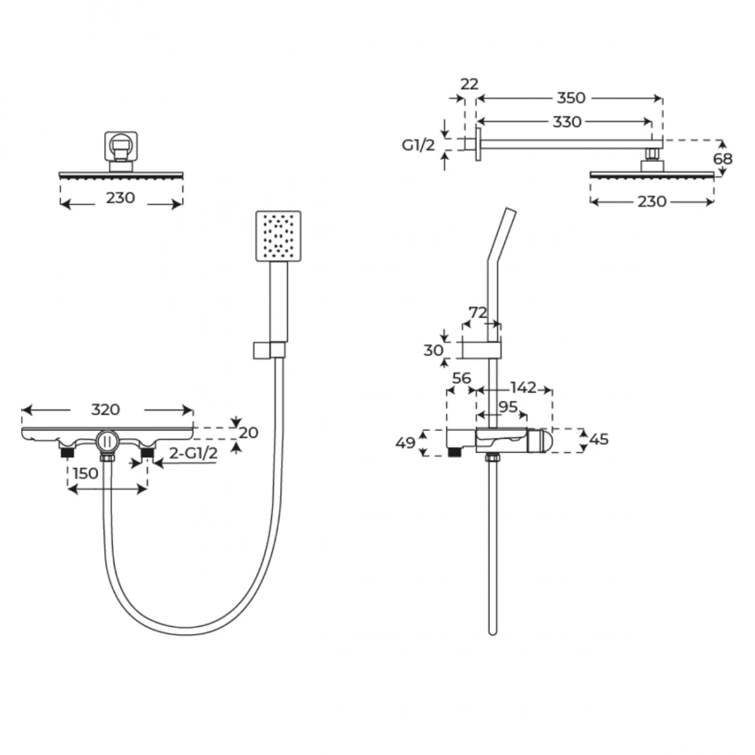 Ducha empotrada pared cromada con balda Bequia