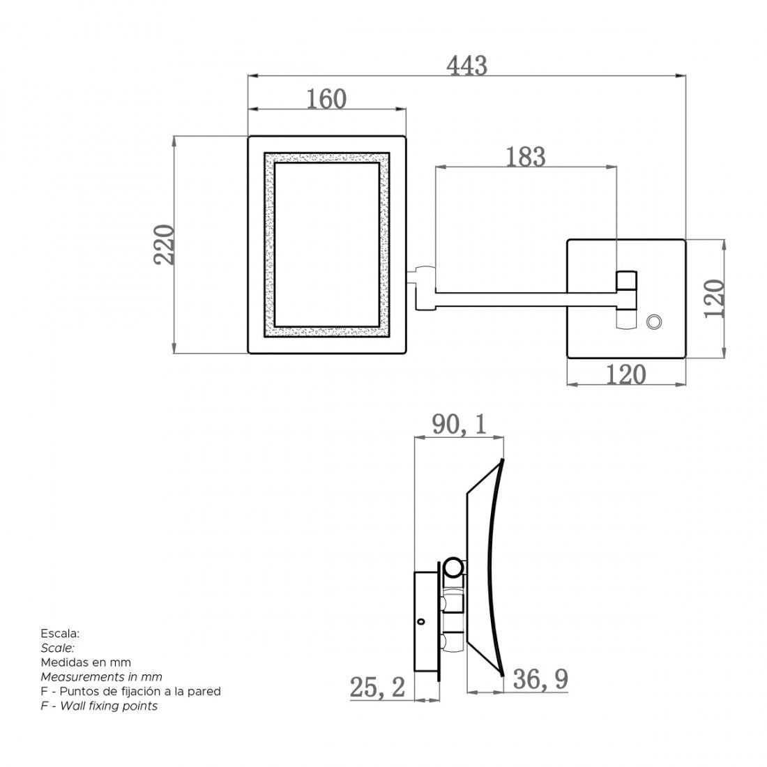 Espejo cuadrado aumento 3x con luz y brazo