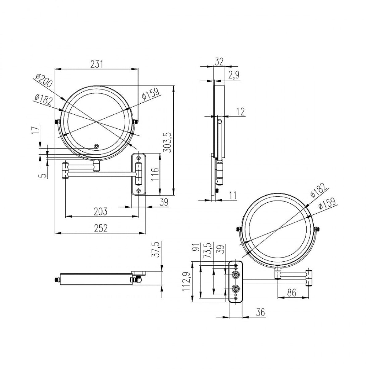 Espejo redondo cinco aumentos con brazo y luz