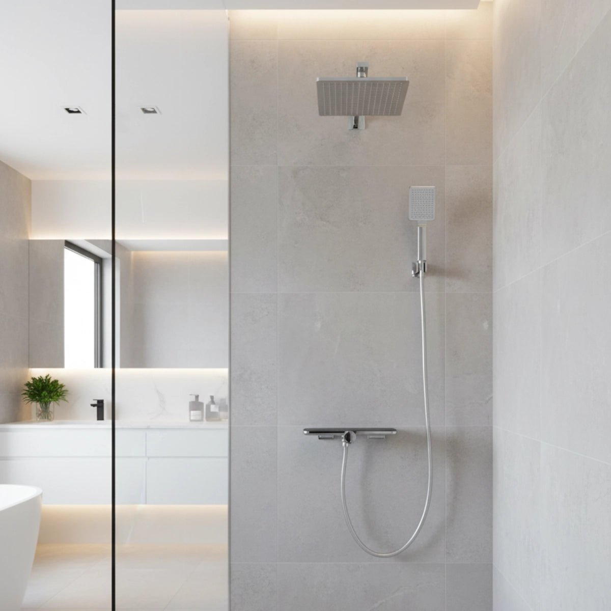 Ducha empotrada pared cromada con balda Bequia - Thebath