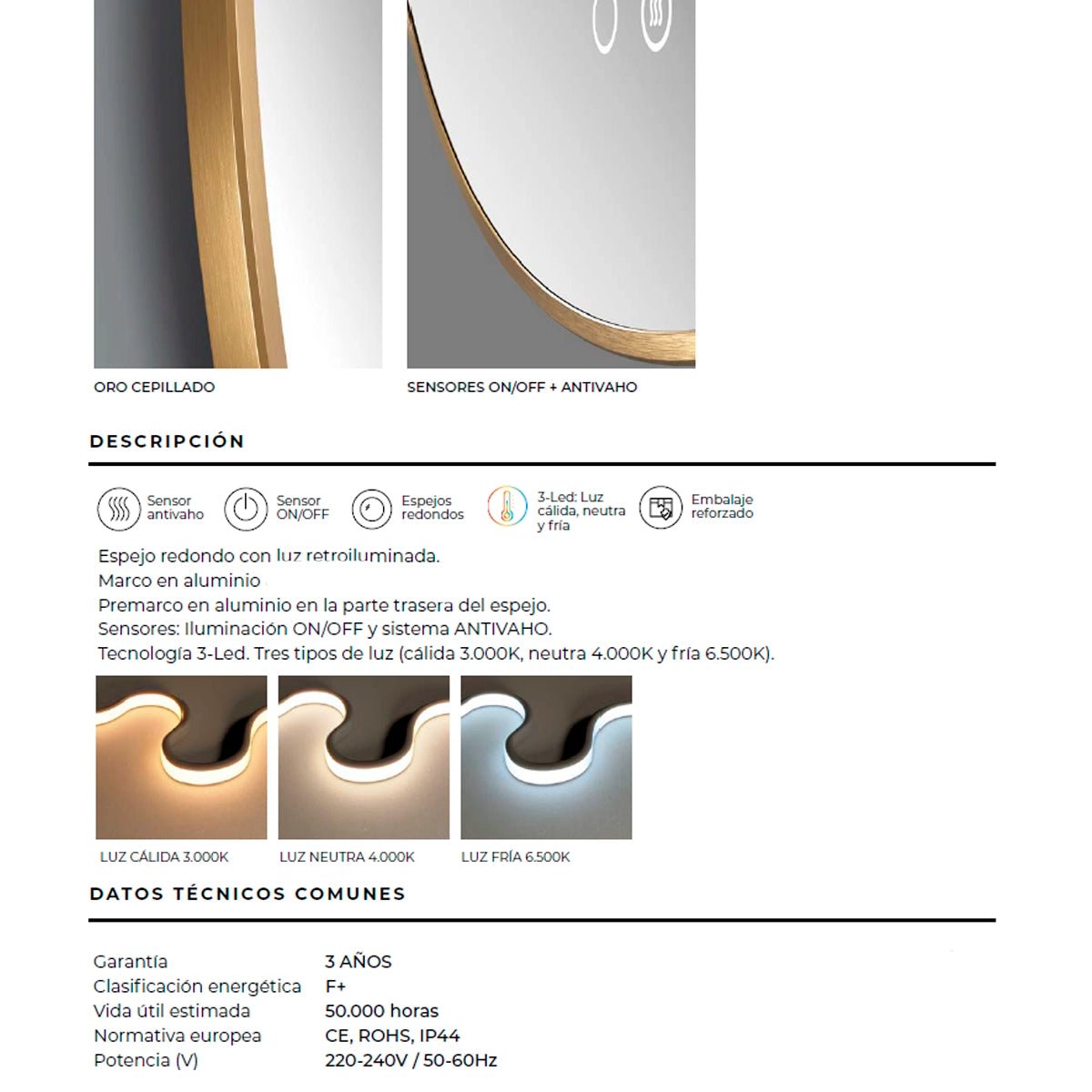 Espejo baño retroiluminado Fun oro cepillado - Thebath