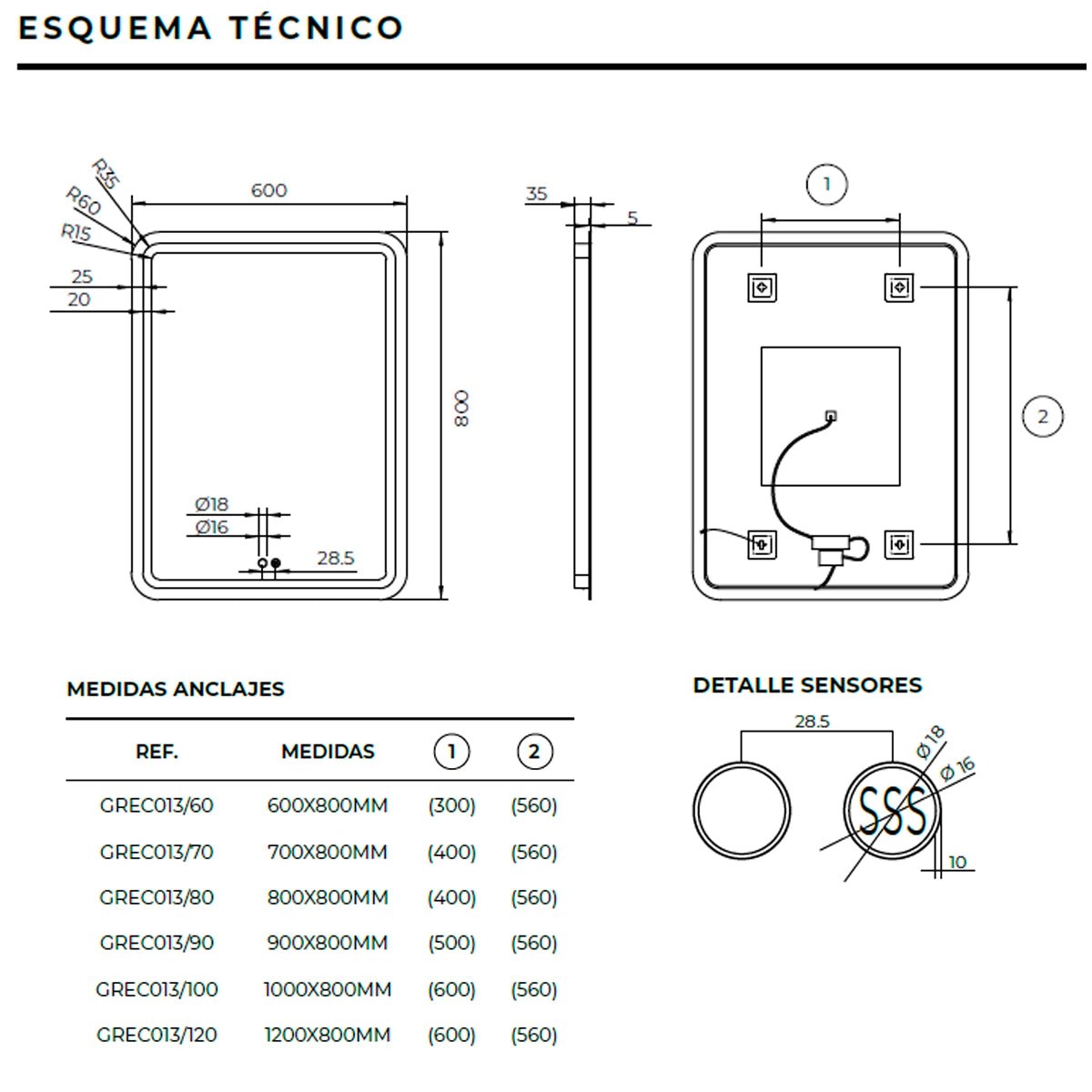 Espejo con sensor y luz led Grecia - Thebath