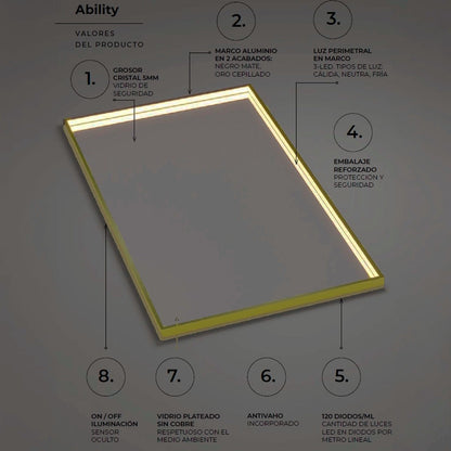 Espejo luz led integrada Ability oro cepillado - Thebath