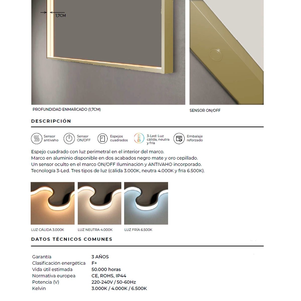 Espejo luz led integrada Ability oro cepillado - Thebath