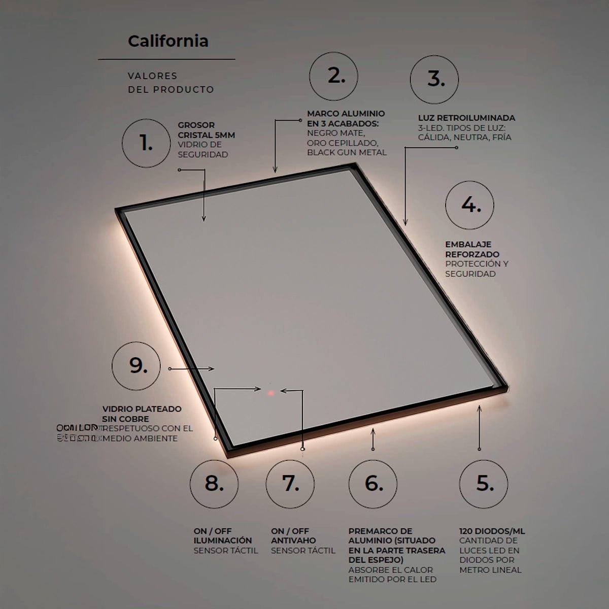 Espejo retroiluminado California negro - Thebath