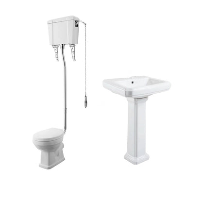 Inodoro clásico tanque alto York + Lavabo con pedestal York - The Bath