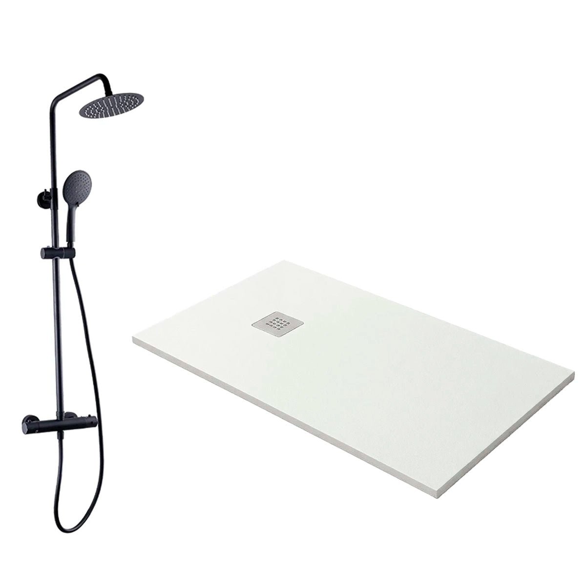 Pack columna de ducha negra + plato de resina blanco - The Bath