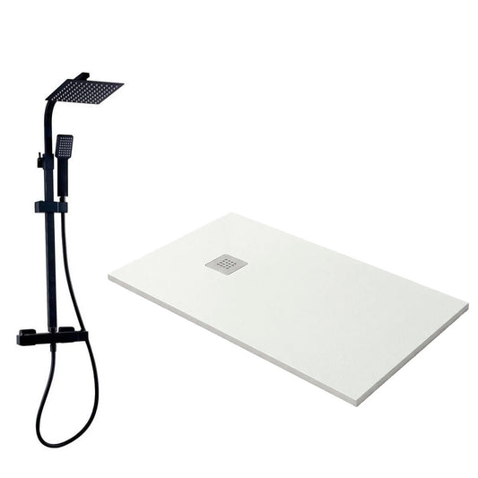 Pack columna de ducha negra + plato de resina blanco - The Bath