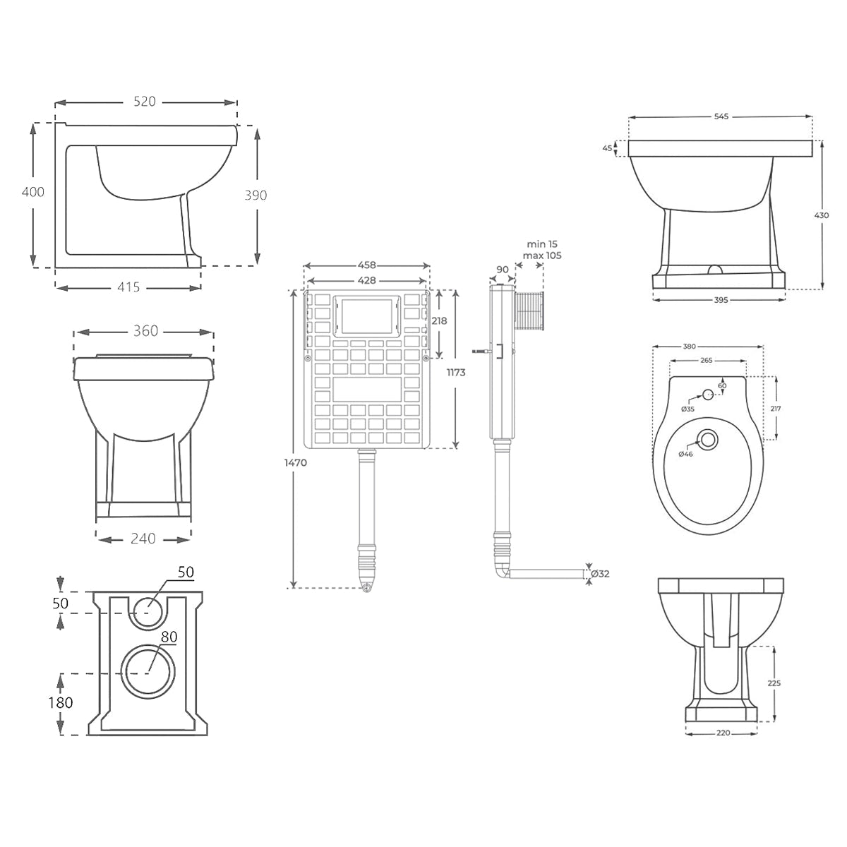 Pack inodoro compacto York Style + Cisterna empotrada compacta + Bidet York - The Bath