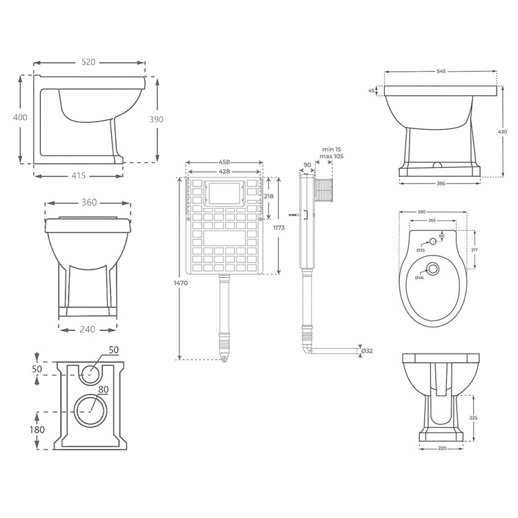 Pack inodoro compacto York Style + Cisterna empotrada compacta + Bidet York