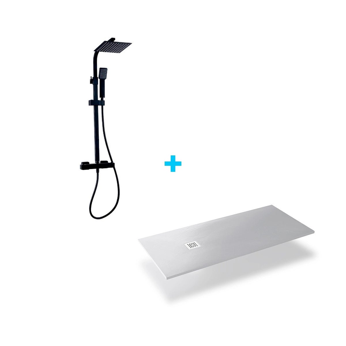 Pack columna de ducha negra + plato de resina blanco