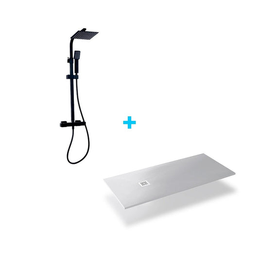 Pack columna de ducha negra + plato de resina blanco