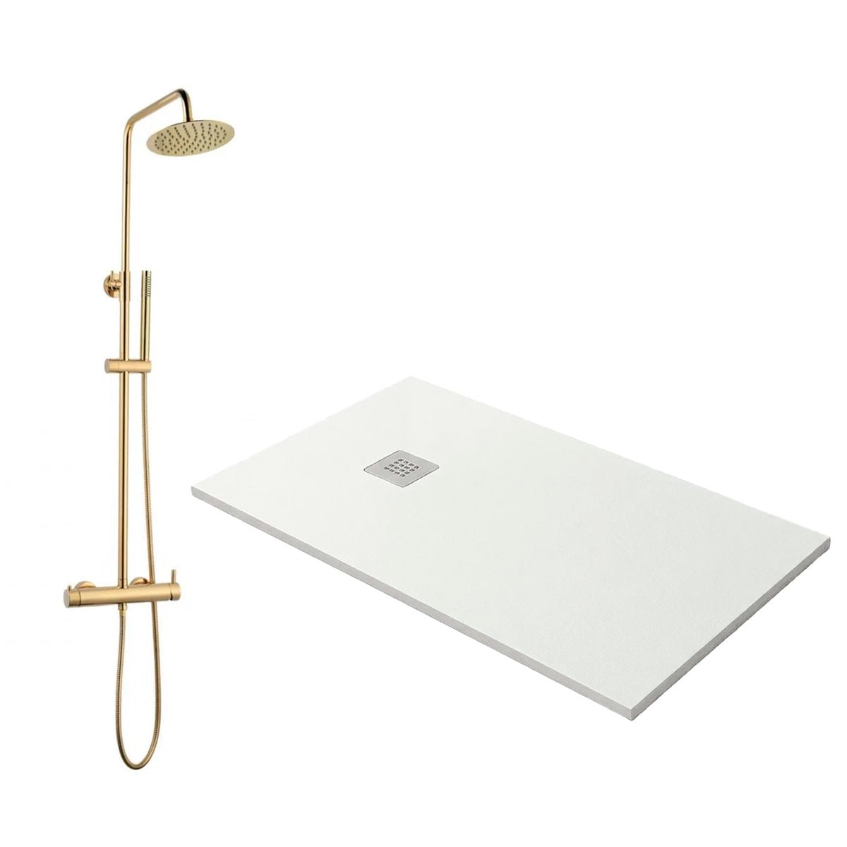 Plato de ducha de resina blanco + columna de ducha Grace dorada - The Bath