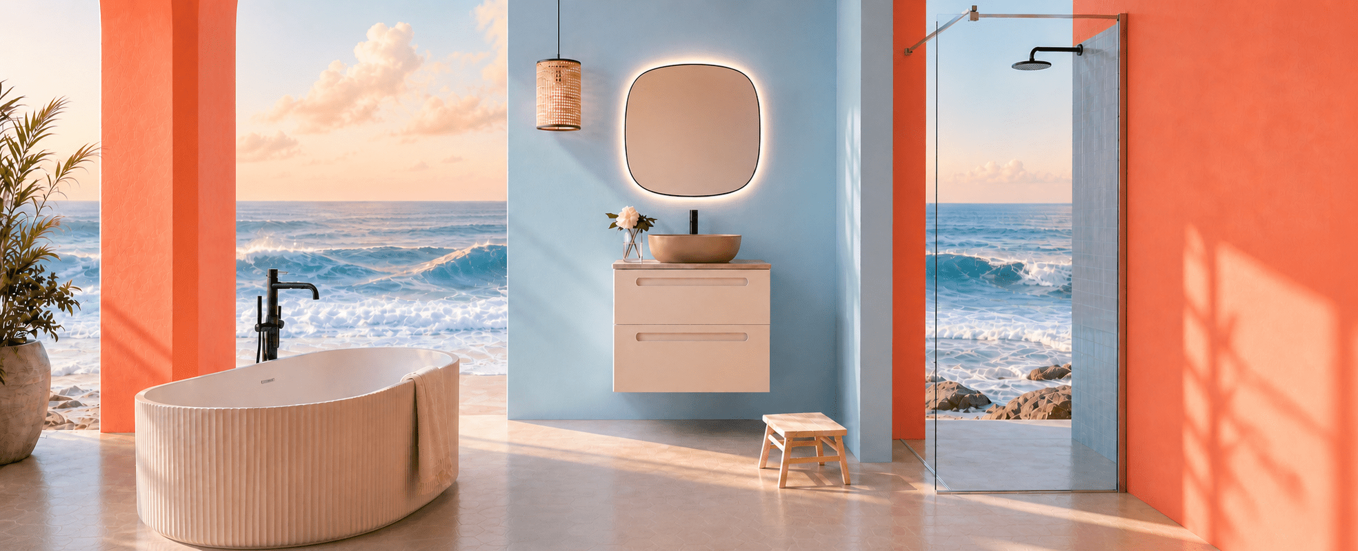 Baño The Bath con bañera, mueble lavabo, mampara y vistas al mar